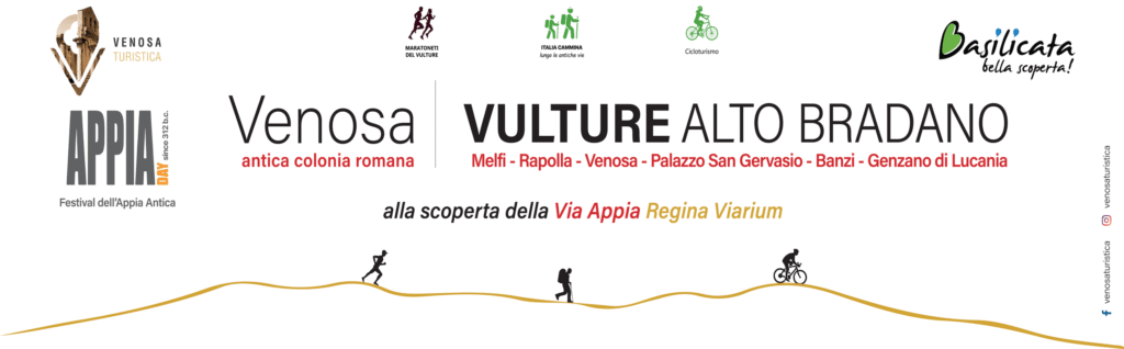 Manifesto per "Appia Day Festival dell'Appia Antica" e "Venosa Vulture Alto Bradano" con info per escursioni e cicloturismo.