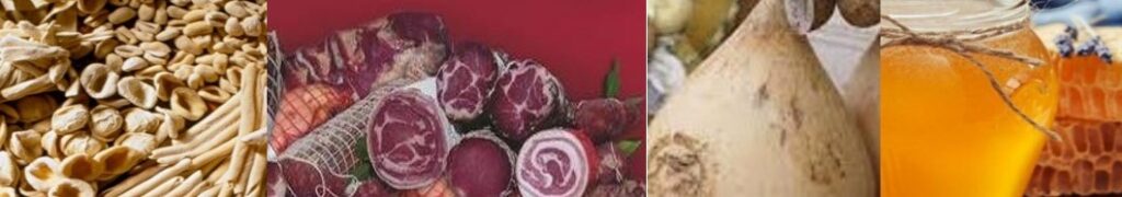 Un collage di prodotti tipici della Basilicata: orecchiette, grissini, salumi, tartufi e miele in un barattolo.