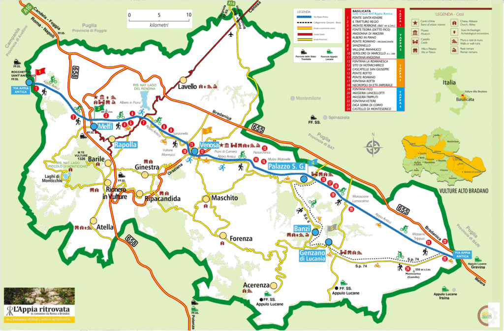 Mappa turistica che mostra un percorso ciclabile dell'Appia Antica nel Vulture Alto Bradano, con i comuni di Venosa.