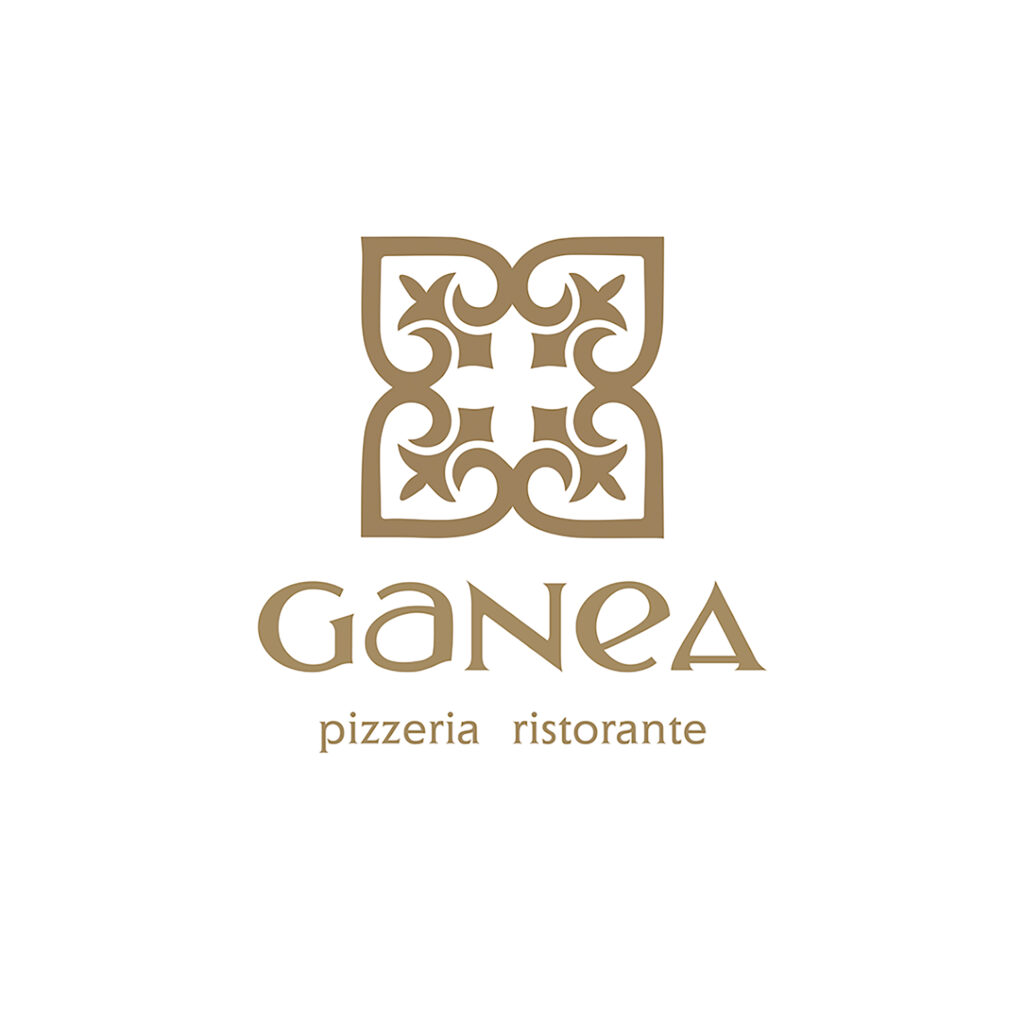 Logo di Ganea pizzeria ristorante, con motivo geometrico a quattro petali in marrone.
